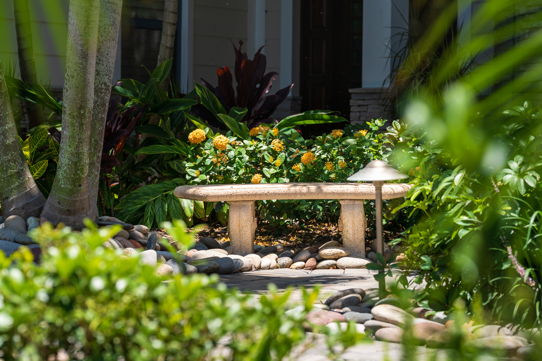 bench landscape beds walkway